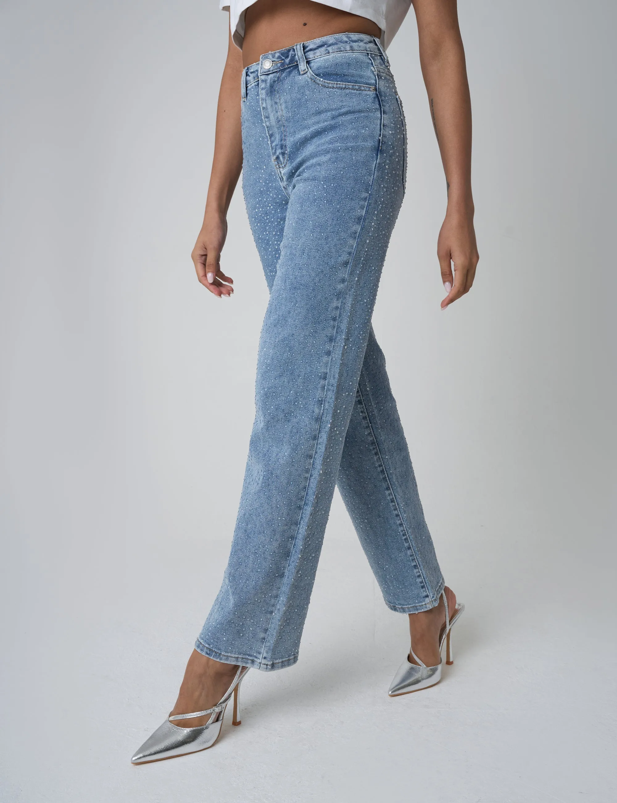 Clear Diamante Straight Fit High Rise Denim Blue Jeans sold by Public Desire product image thumbnail 2