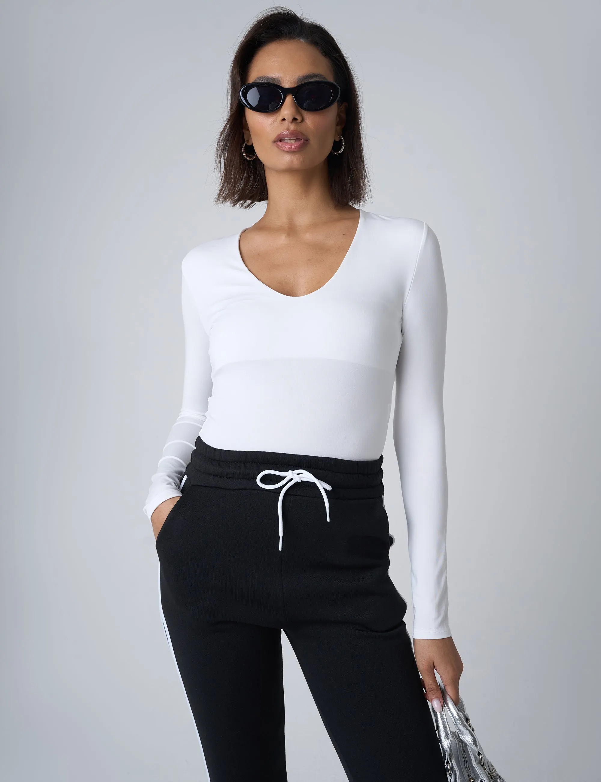 V Neck Long Sleeve Bodysuit White sold by Public Desire