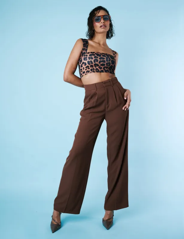 High Waisted Tailored Wide Leg Trousers Chocolate sold by Public Desire