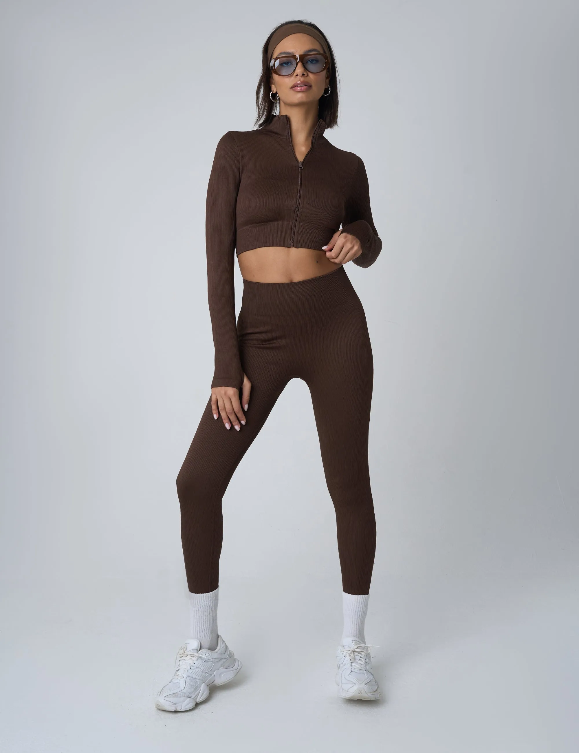 Ribbed High Waisted Bum Lift Leggings Chocolate sold by Public Desire