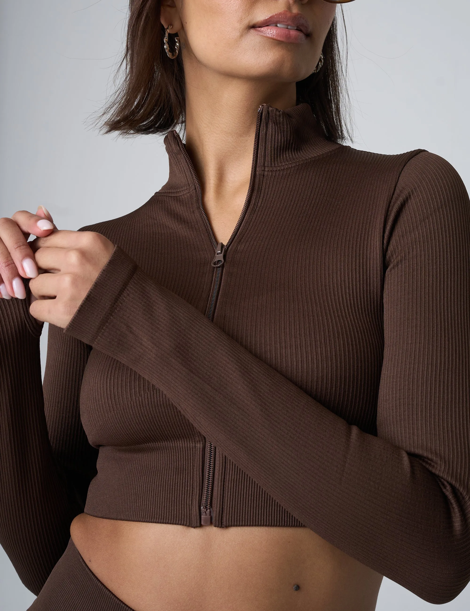 Ribbed Cropped Zip Long Sleeve Top Chocolate sold by Public Desire product image thumbnail 4