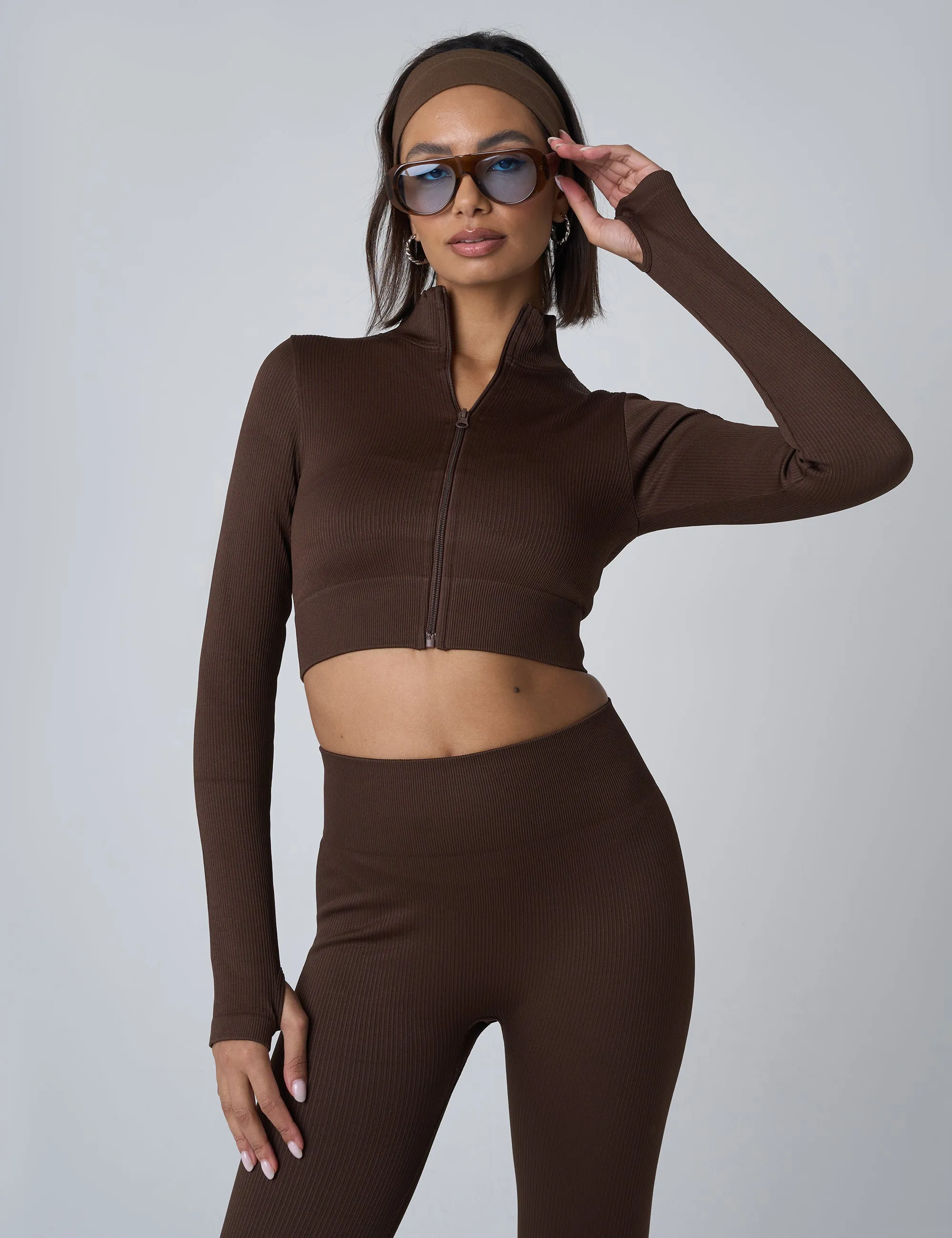 Ribbed Cropped Zip Long Sleeve Top Chocolate sold by Public Desire