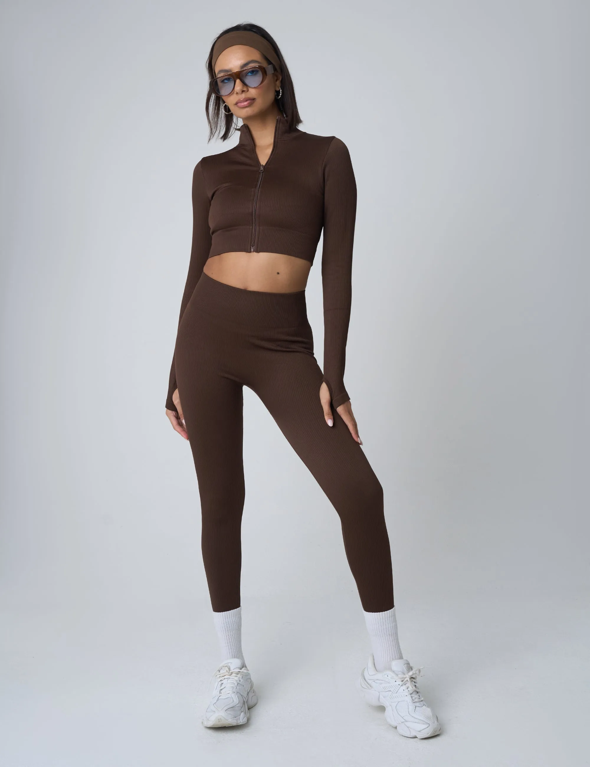 Ribbed Cropped Zip Long Sleeve Top Chocolate sold by Public Desire product image thumbnail 3