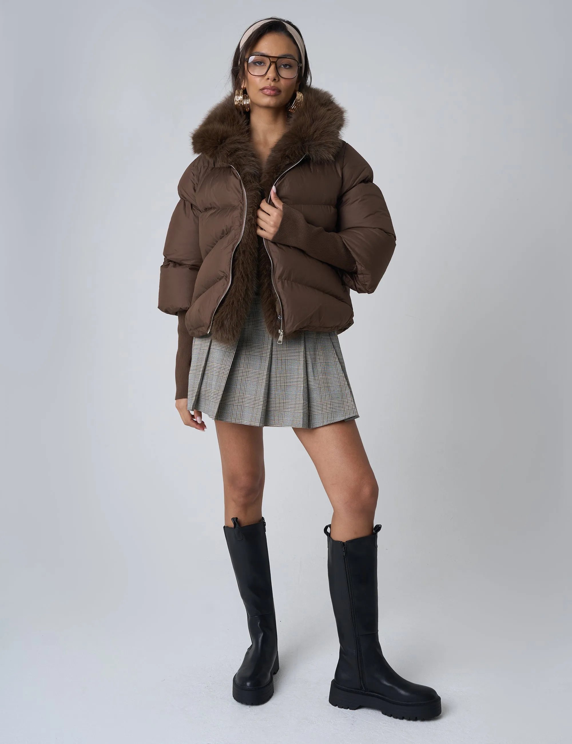 Faux Fur Trim Hooded Puffer Coat Chocolate sold by Public Desire product image thumbnail 3