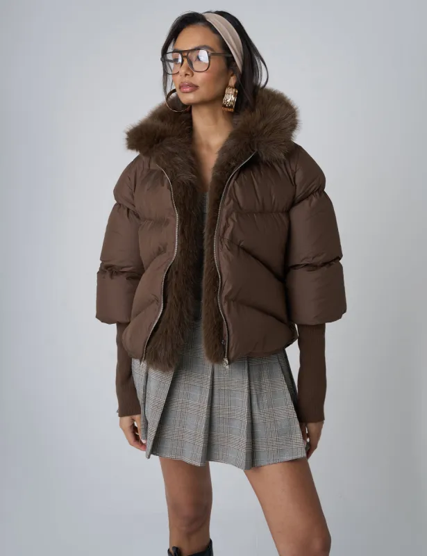 Faux Fur Trim Hooded Puffer Coat Chocolate sold by Public Desire