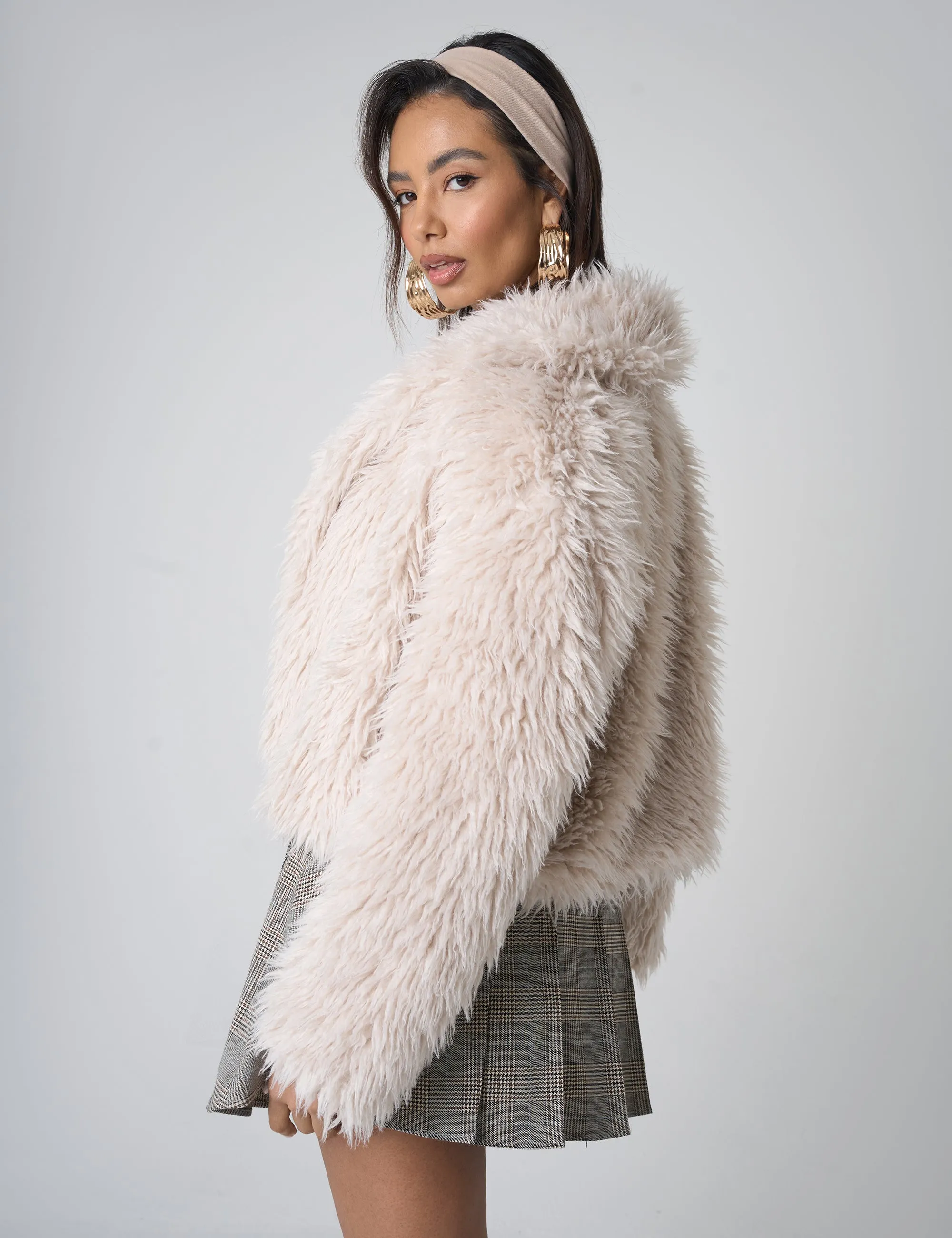 Cropped Shaggy Faux Fur Jacket Beige sold by Public Desire product image thumbnail 2