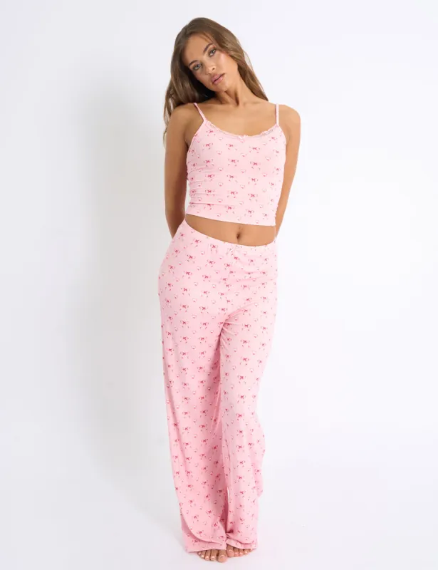 Kaiia Bow Print Cami Top & Trousers PJ Set Pink sold by Public Desire
