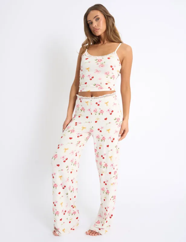 Kaiia Cherry Rose Print Cami Top & Trousers PJ Set Cream sold by Public Desire