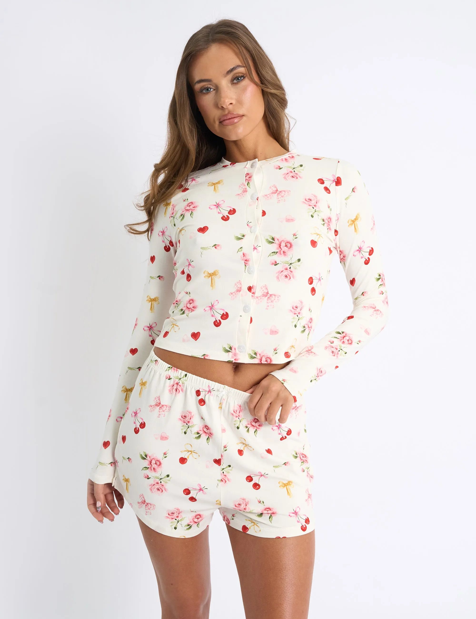 Kaiia Cherry Rose Print Button Up Long Sleeve Top & Shorts PJ Set Cream sold by Public Desire
