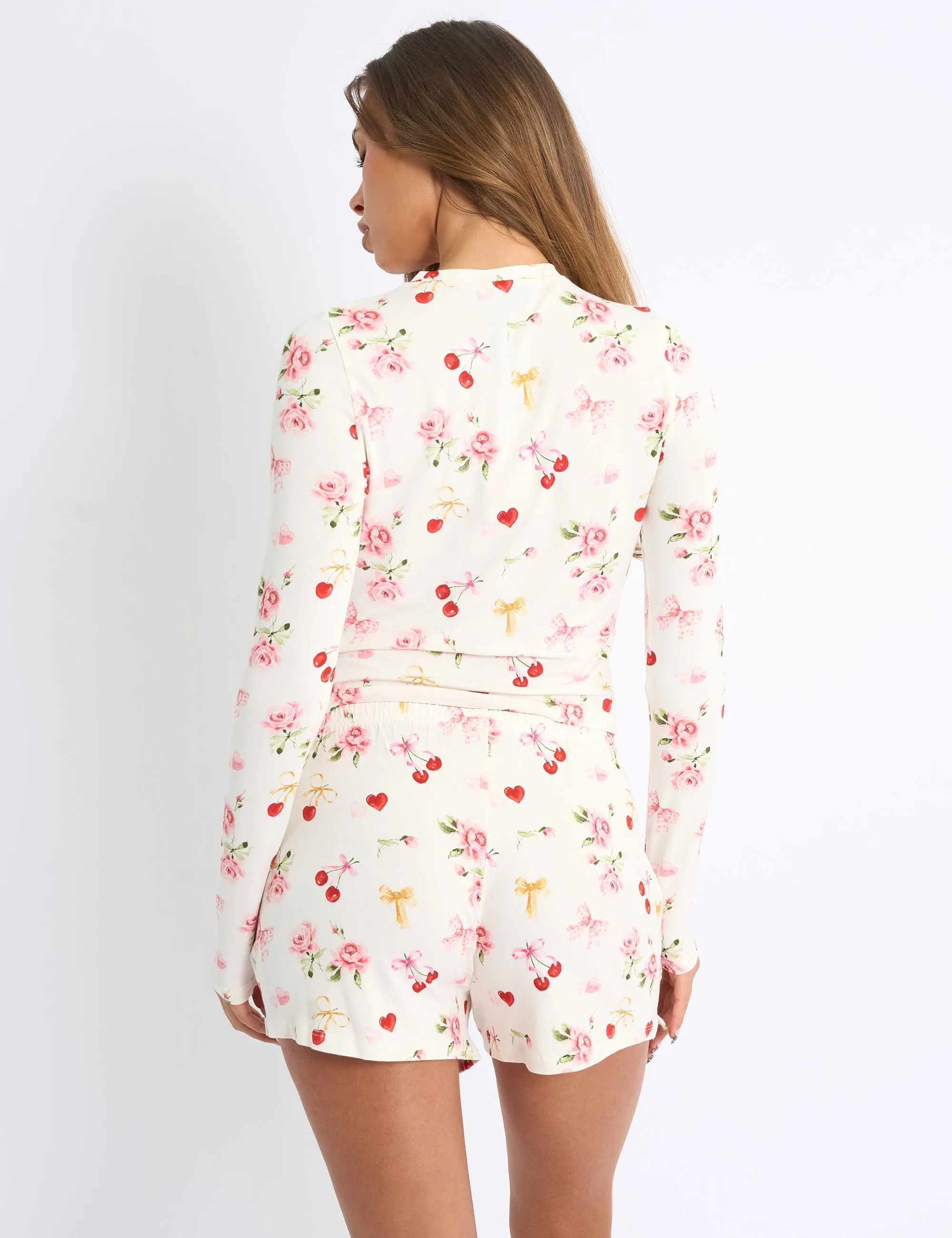Kaiia Cherry Rose Print Button Up Long Sleeve Top & Shorts PJ Set Cream sold by Public Desire product image thumbnail 2
