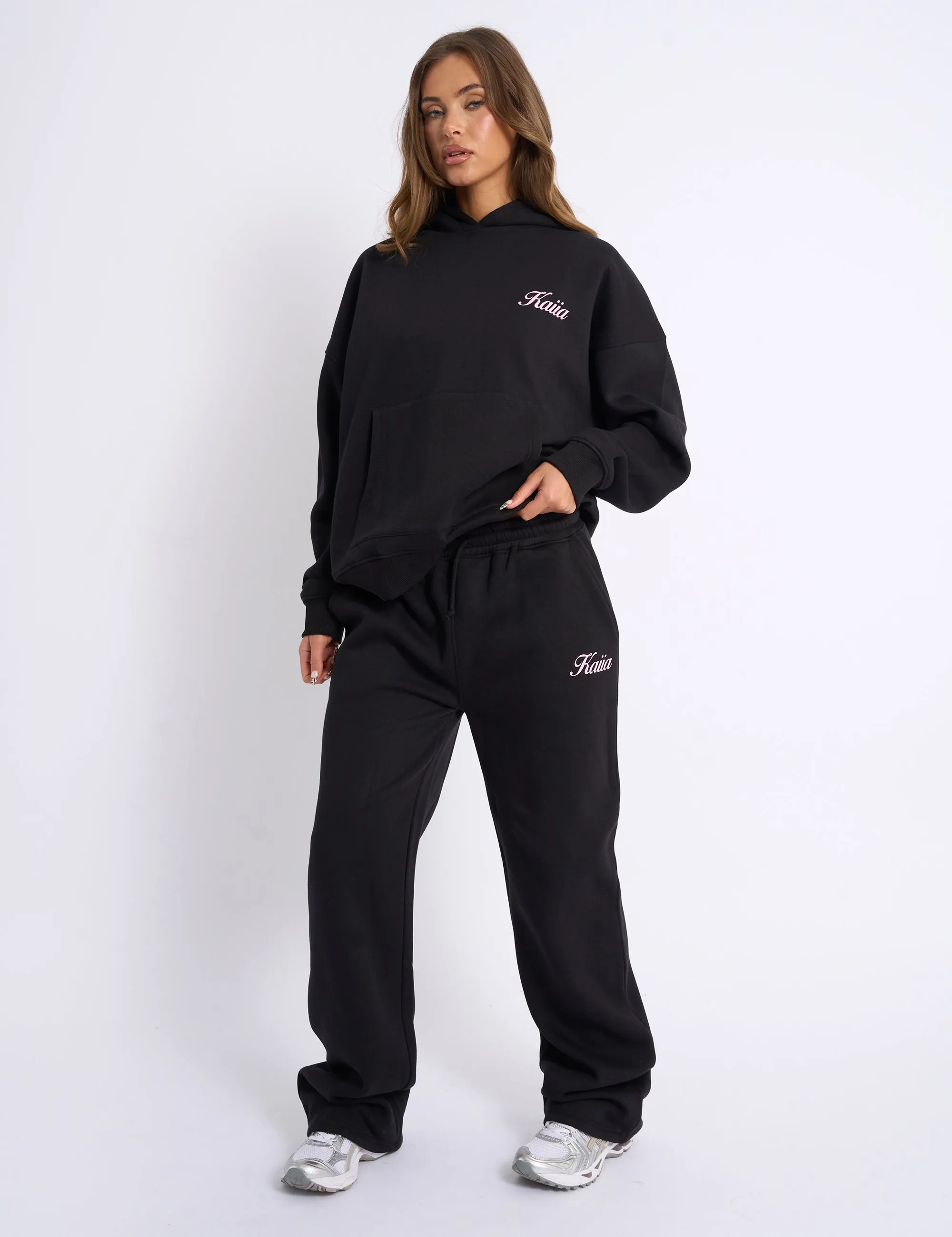Kaiia Script Logo Wide Leg Joggers Black & Pink sold by Public Desire