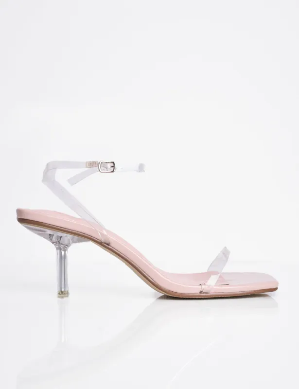 Natalya Nude Perspex Barely There Square Toe Stiletto Mid Heels sold by Public Desire
