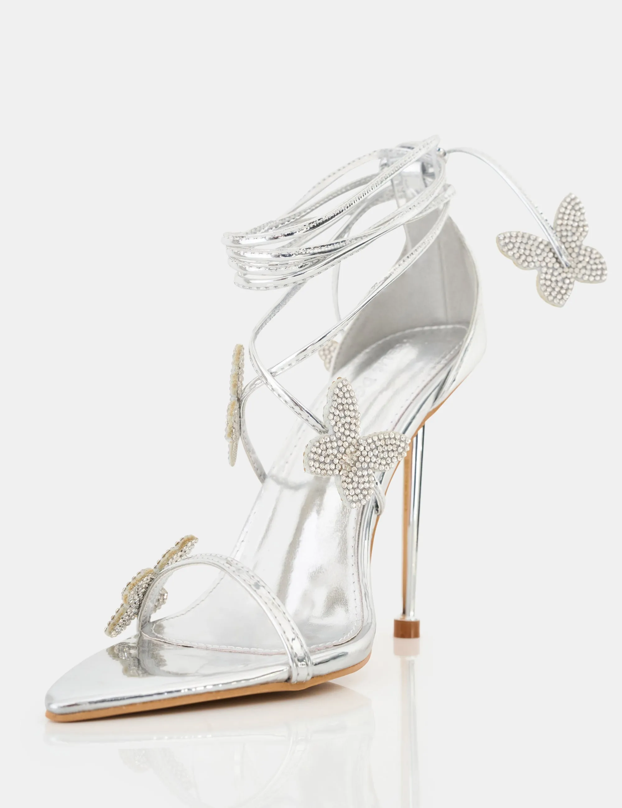 Pageant Queen Silver Mirror Diamante Butterfly Detail Lace Up Pointed Toe High Heels sold by Public Desire product image thumbnail 2