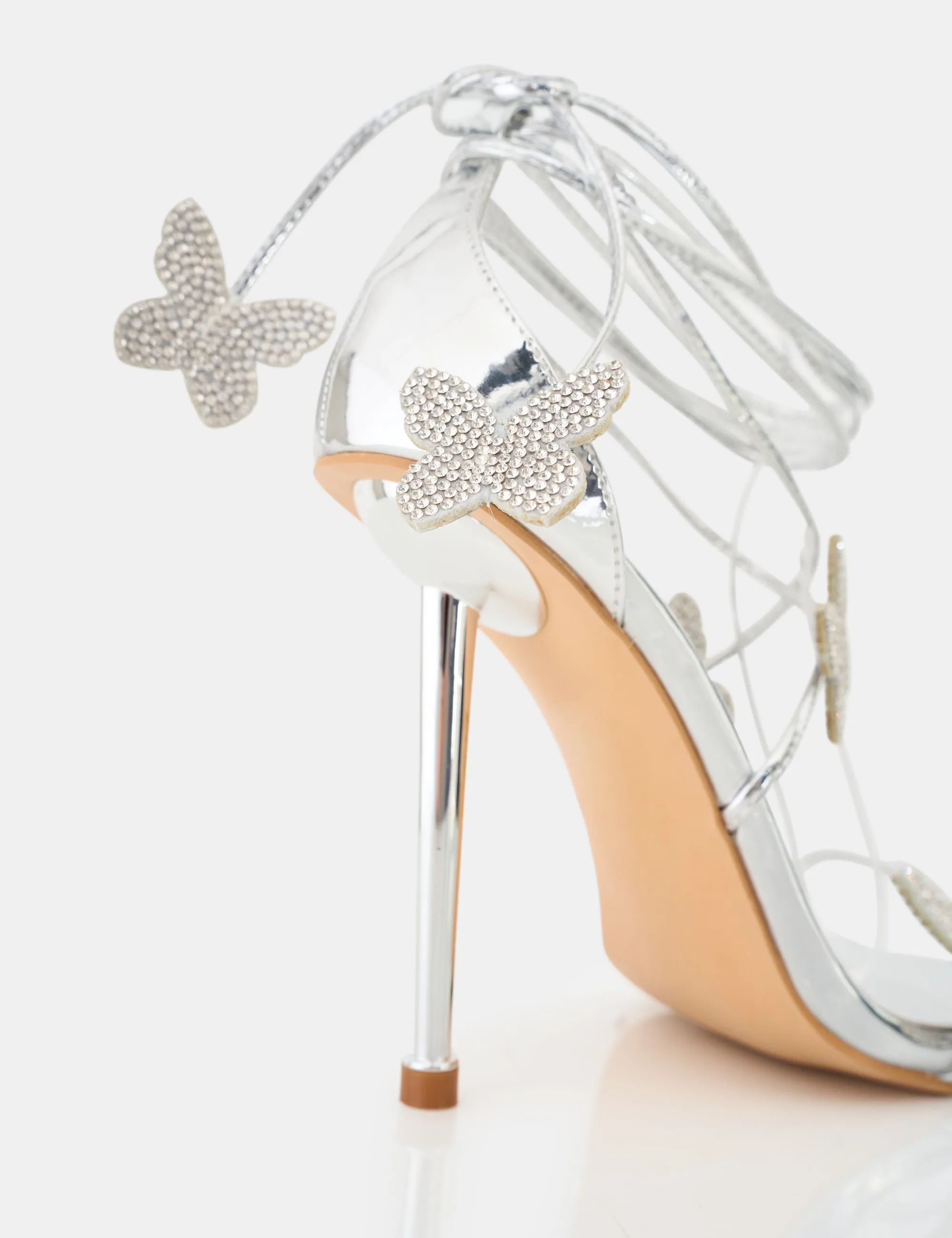Pageant Queen Silver Mirror Diamante Butterfly Detail Lace Up Pointed Toe High Heels sold by Public Desire product image thumbnail 3