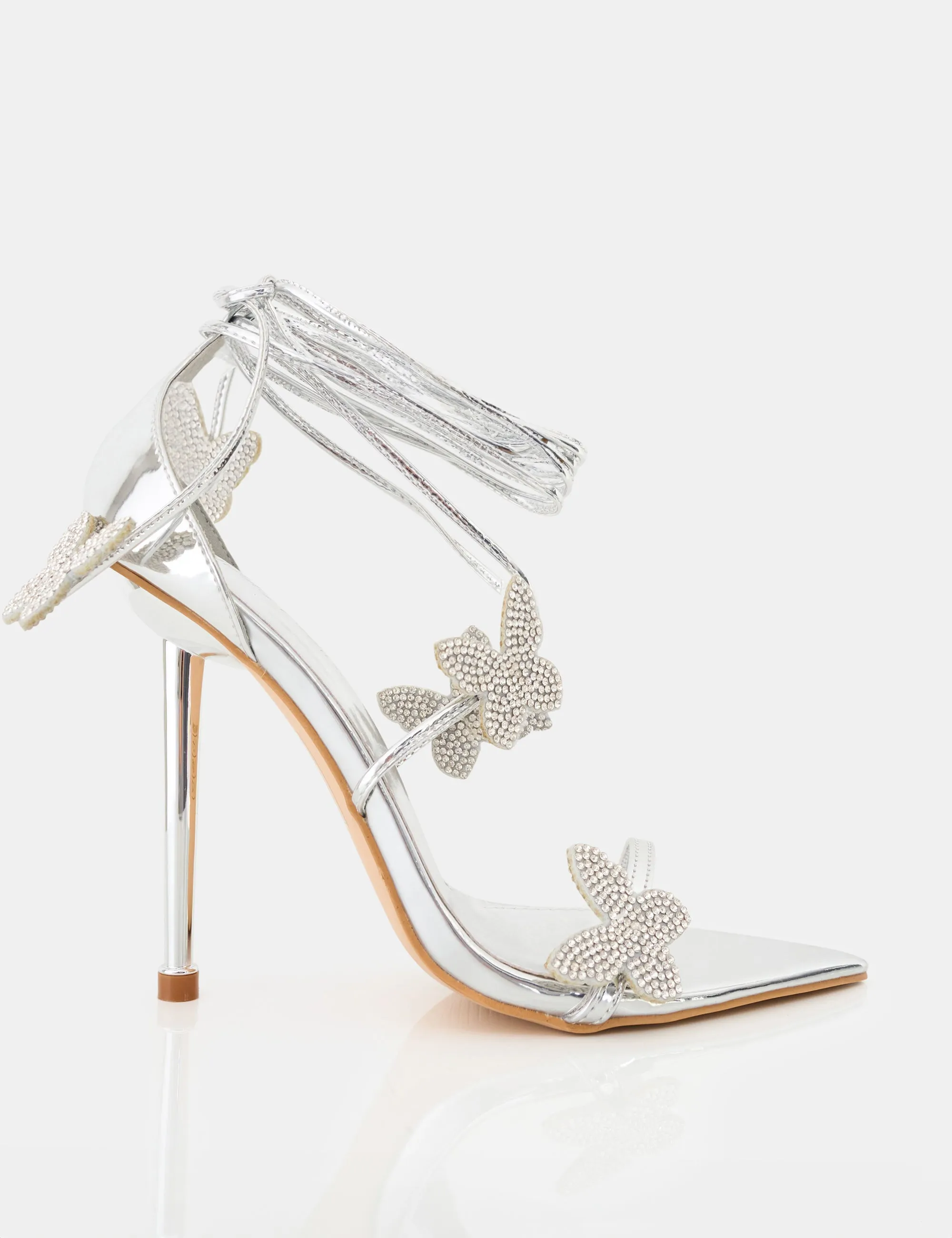 Pageant Queen Silver Mirror Diamante Butterfly Detail Lace Up Pointed Toe High Heels sold by Public Desire
