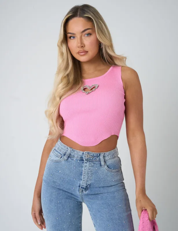 Diamante Heart Trim Crop Top Pink sold by Public Desire