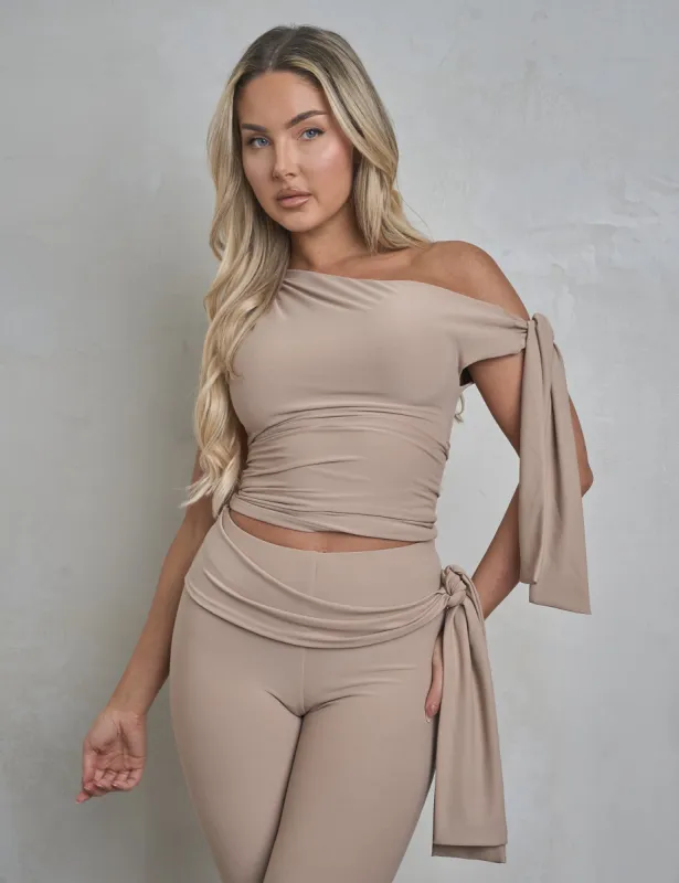 Knot Detail Asymmetric One Shoulder Luxe Slinky Top Latte sold by Public Desire