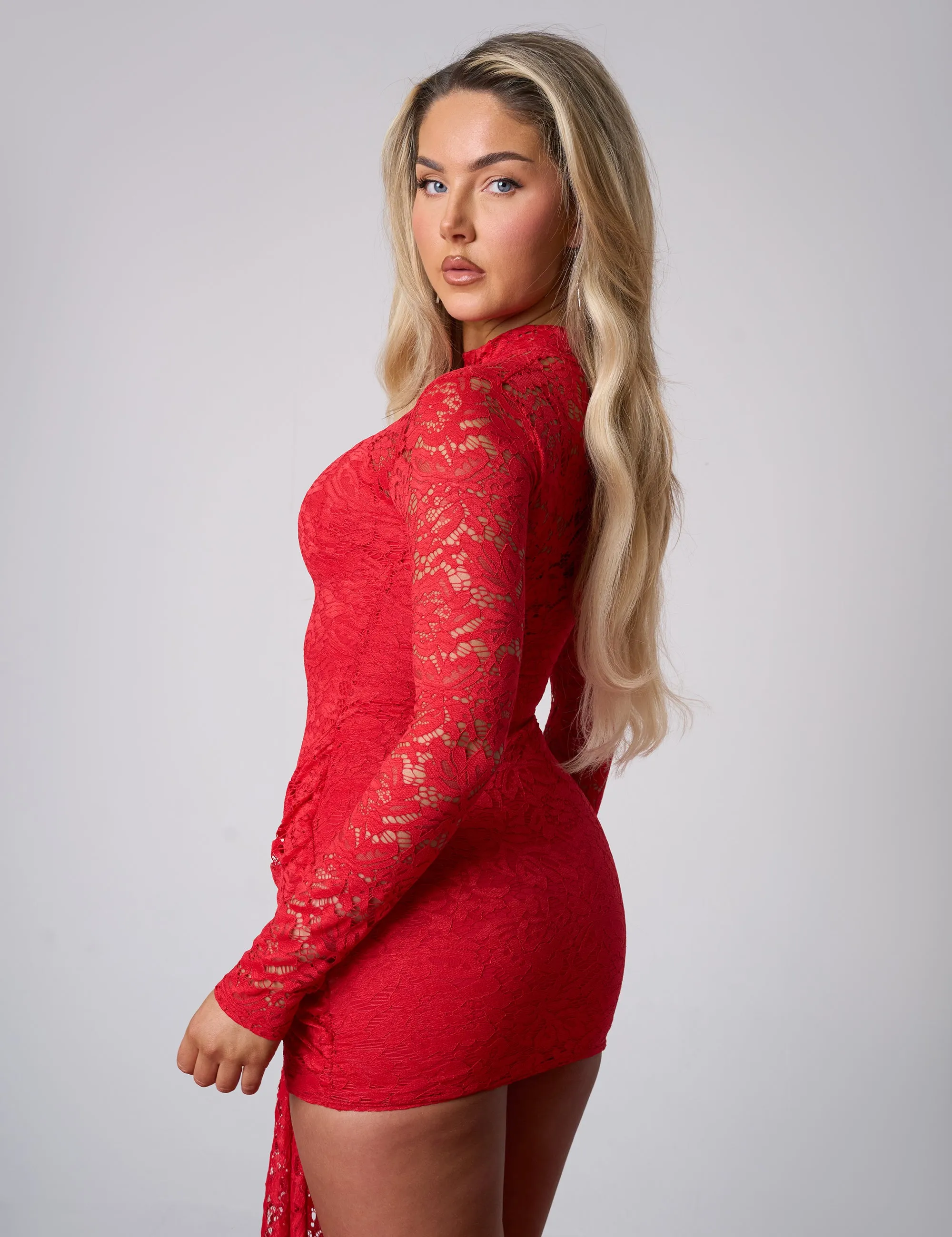Lace Detail High Neck Knot Detail Mini Dress Red sold by Public Desire product image thumbnail 4