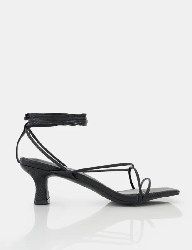 Shibuya Black Snake Texture Pu Square Toe Lace Up Low Heels made by Public Desire