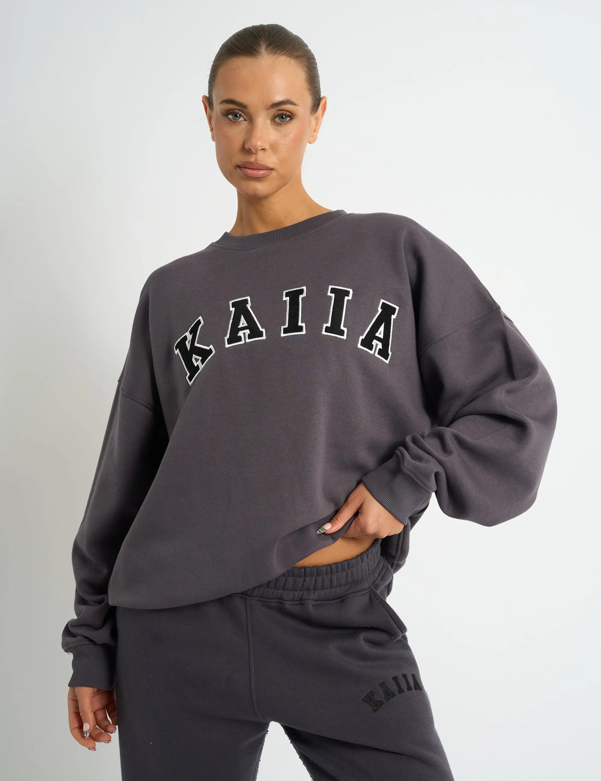 Kaiia Slogan Oversized Sweatshirt Dark Grey sold by Public Desire