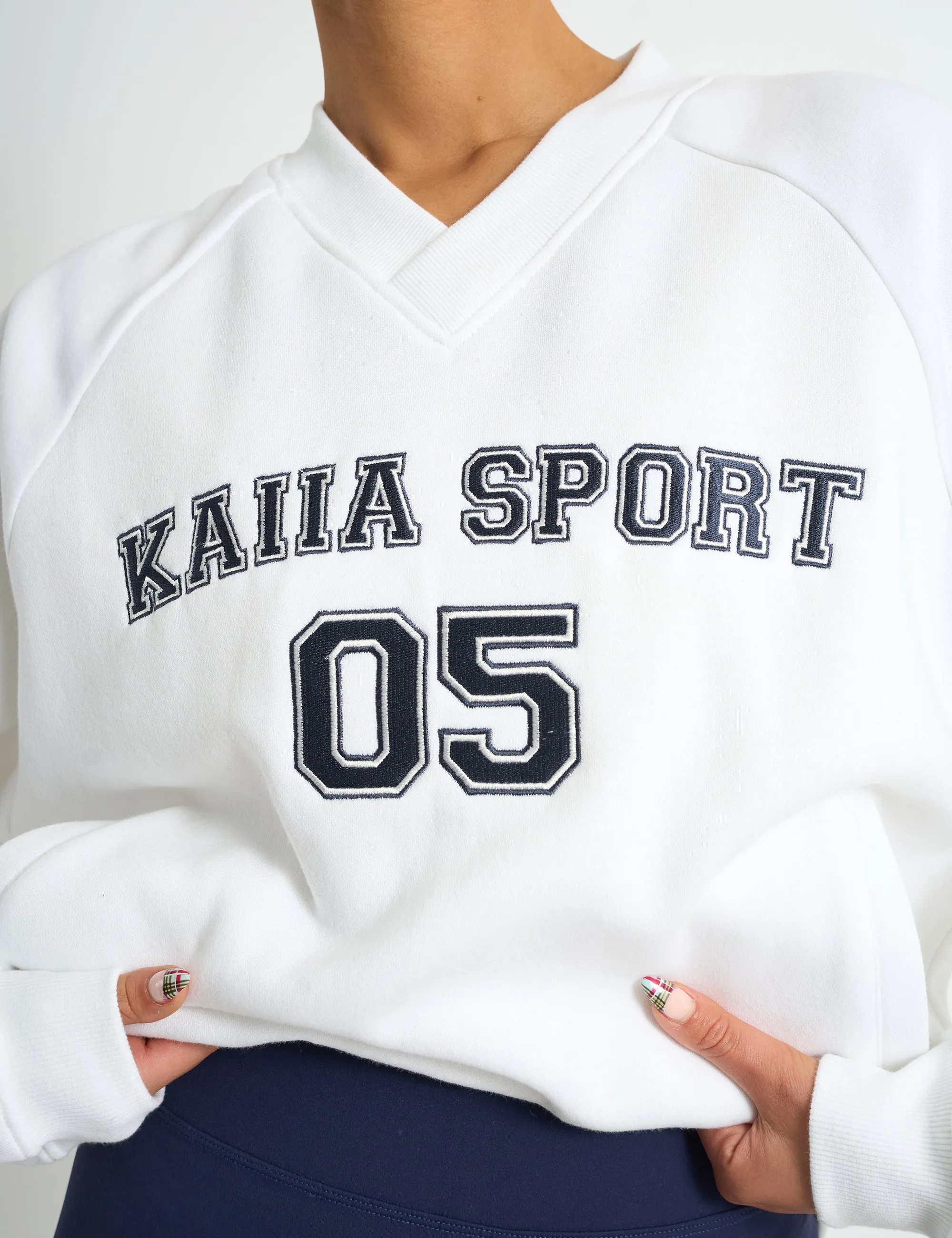 Kaiia Sport V Neck Oversized Sweatshirt White & Navy sold by Public Desire product image thumbnail 4