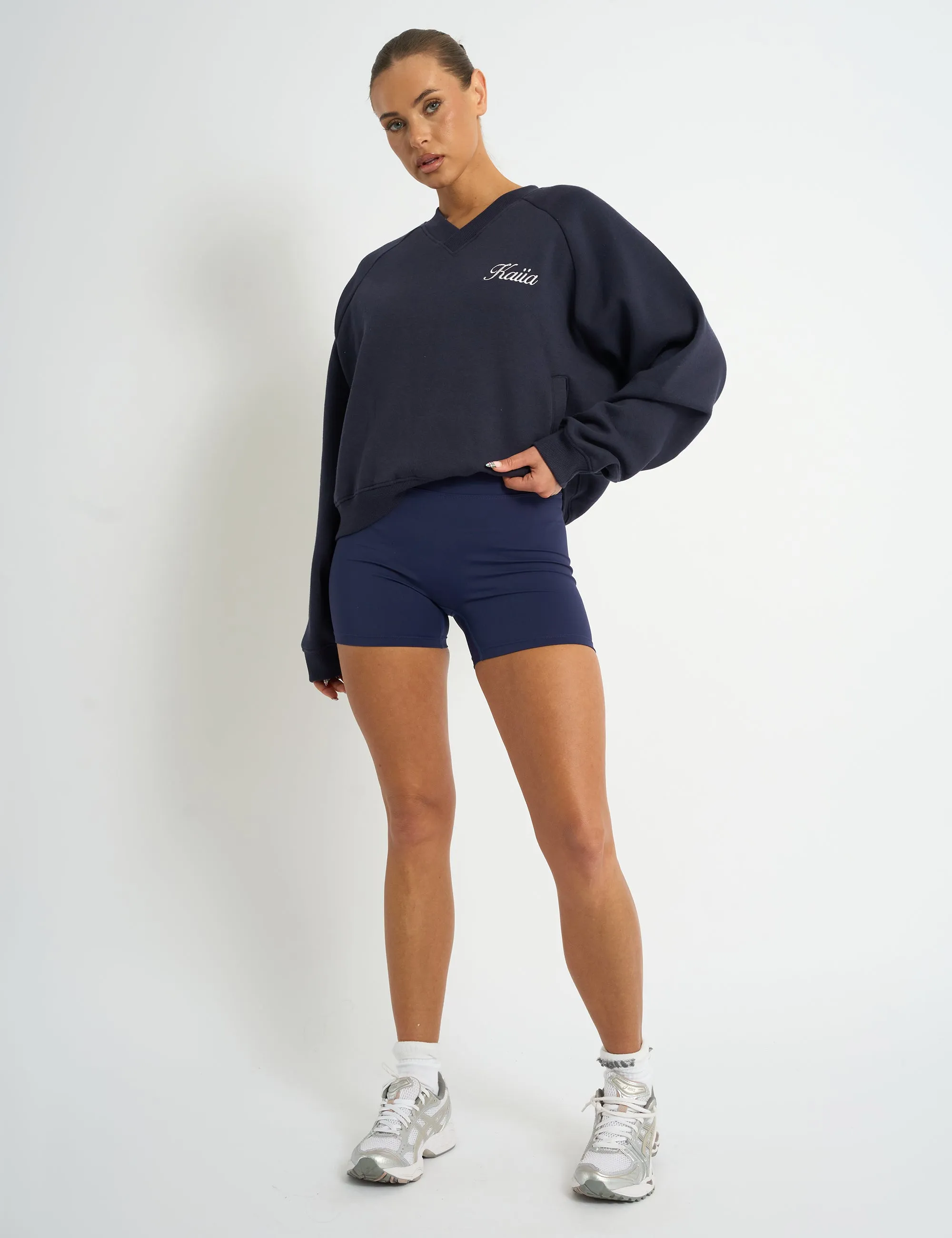 Kaiia Script V Neck Oversized Sweatshirt Navy & Yellow sold by Public Desire product image thumbnail 3