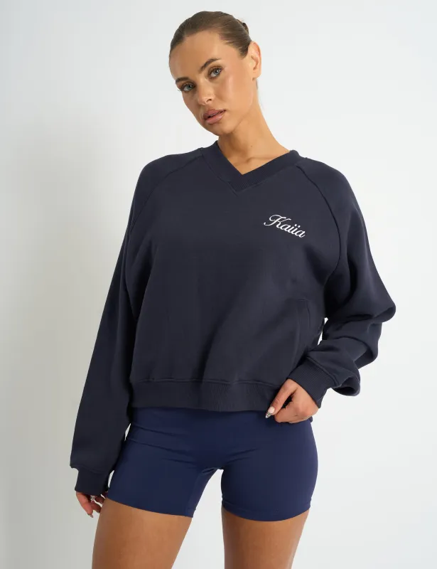 Kaiia Script V Neck Oversized Sweatshirt Navy & Yellow made by Public Desire