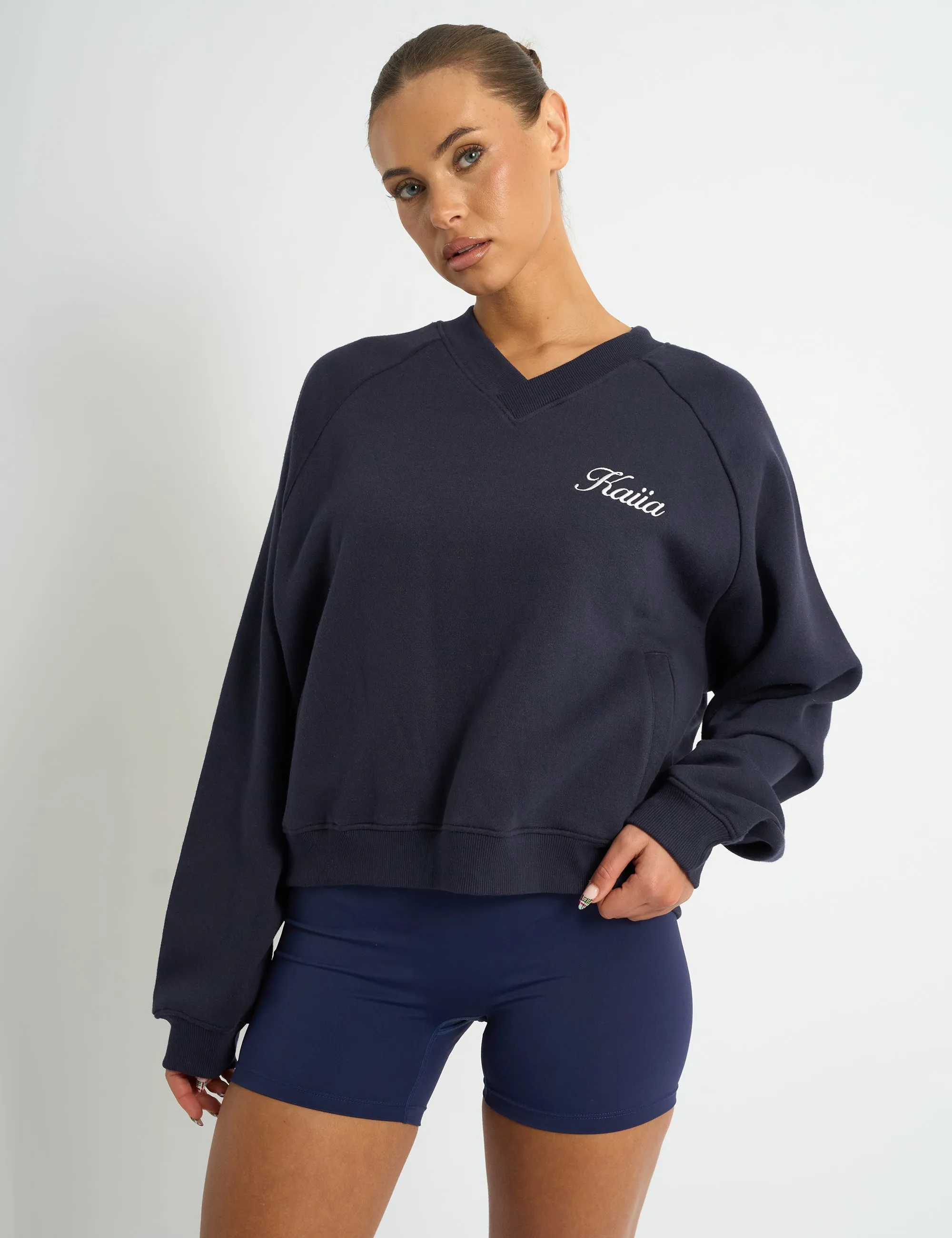 Kaiia Script V Neck Oversized Sweatshirt Navy & Yellow sold by Public Desire