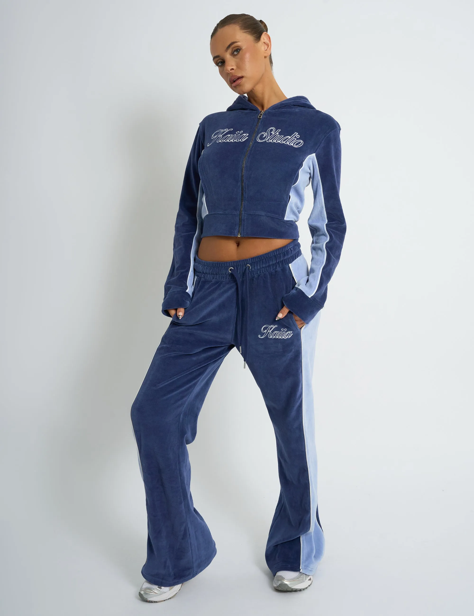 Kaiia Script Logo Panelled Velour Wide Leg Joggers Navy sold by Public Desire