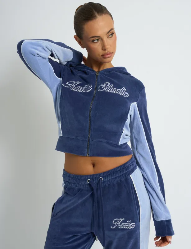 Kaiia Script Logo Panelled Velour Zip Up Hoodie Navy sold by Public Desire