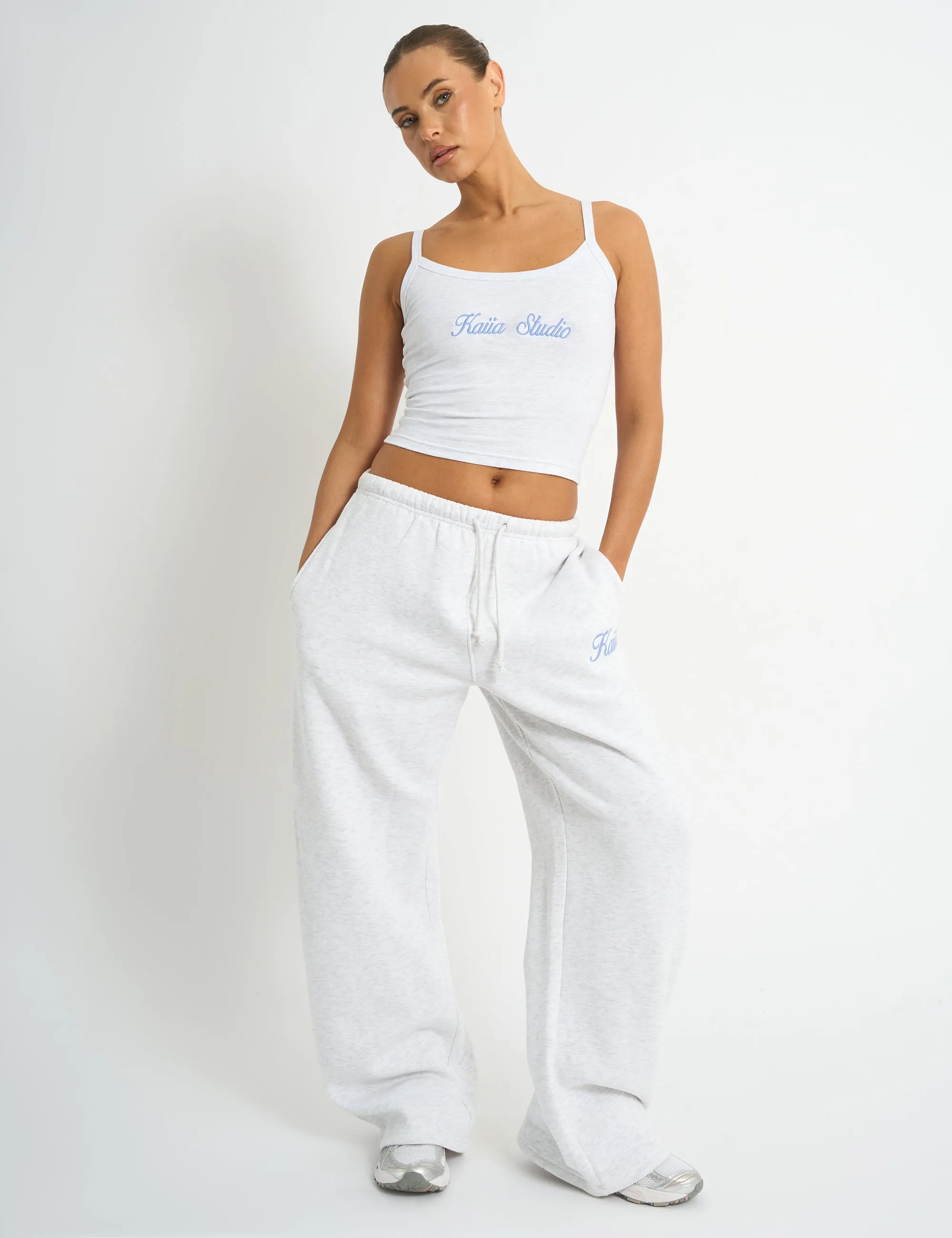 Kaiia Script Logo Wide Leg Joggers Light Grey Marl & Vintage Blue sold by Public Desire