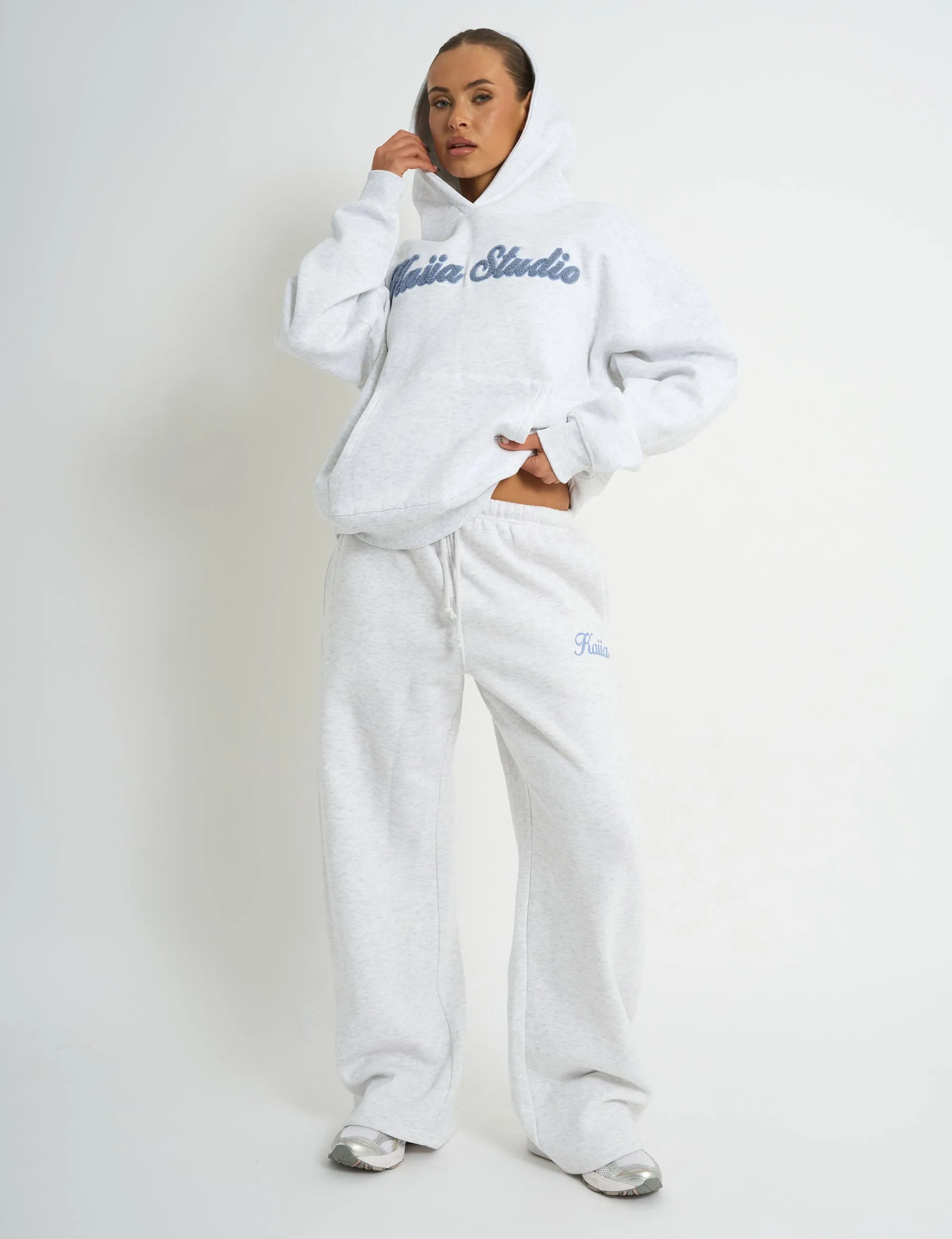 Kaiia Borg Script Logo Oversized Hoodie Light Grey Marl & Vintage Blue sold by Public Desire product image thumbnail 3