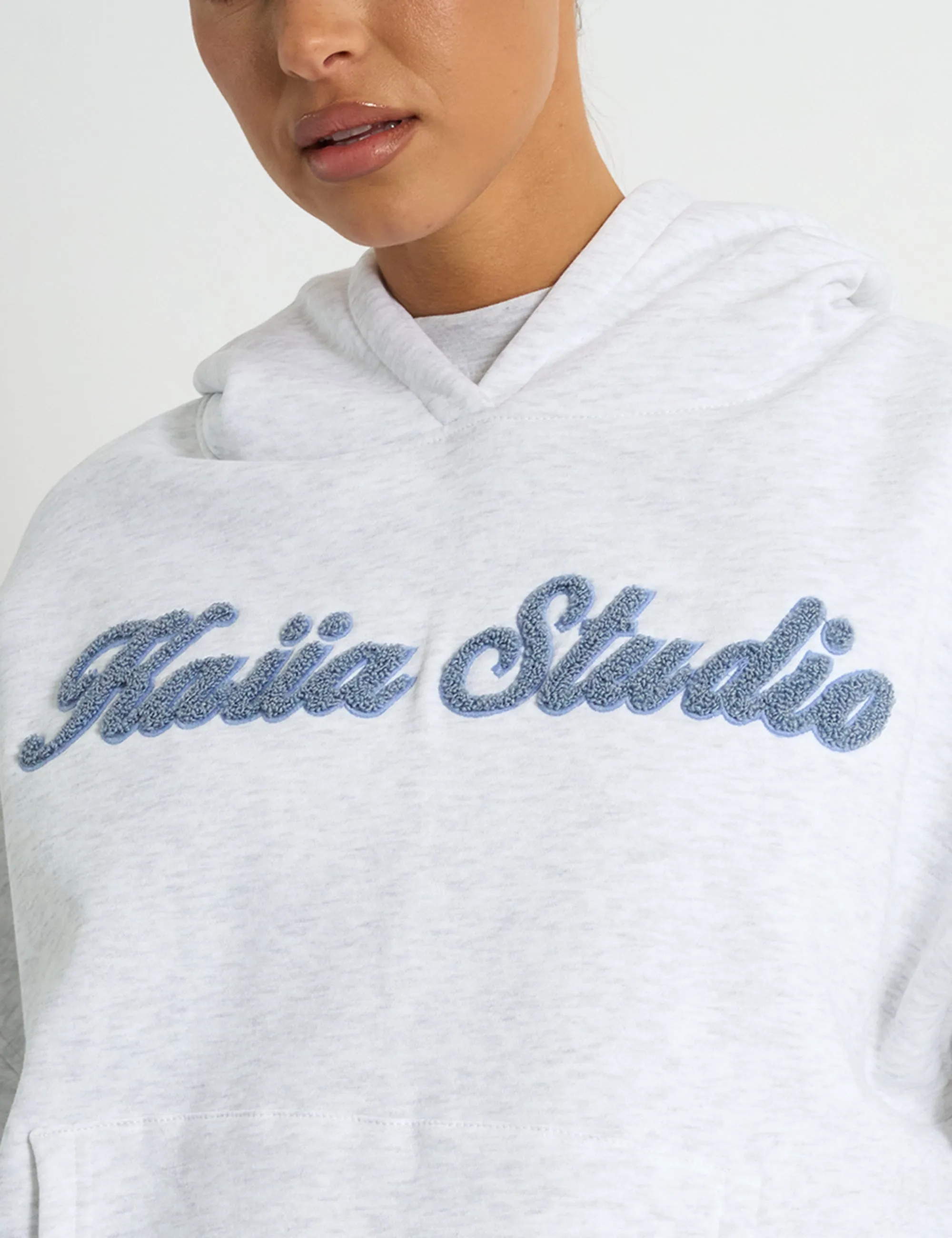 Kaiia Borg Script Logo Oversized Hoodie Light Grey Marl & Vintage Blue sold by Public Desire product image thumbnail 4