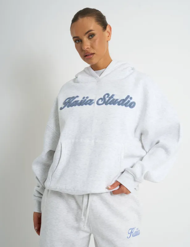 Kaiia Borg Script Logo Oversized Hoodie Light Grey Marl & Vintage Blue sold by Public Desire
