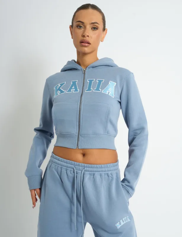 Kaiia Slogan Zip Through Cropped Hoodie Vintage Blue sold by Public Desire