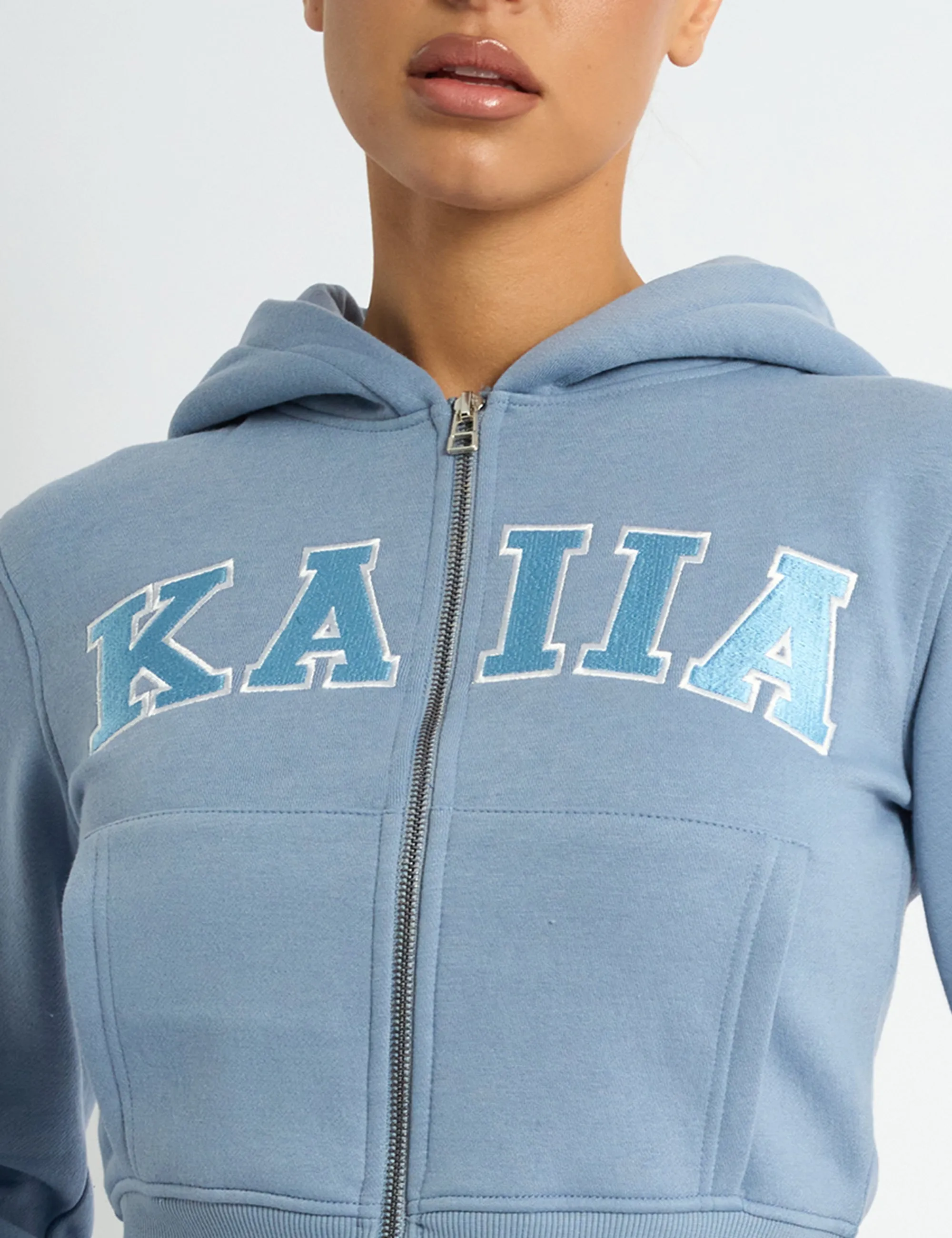 Kaiia Slogan Zip Through Cropped Hoodie Vintage Blue sold by Public Desire product image thumbnail 4