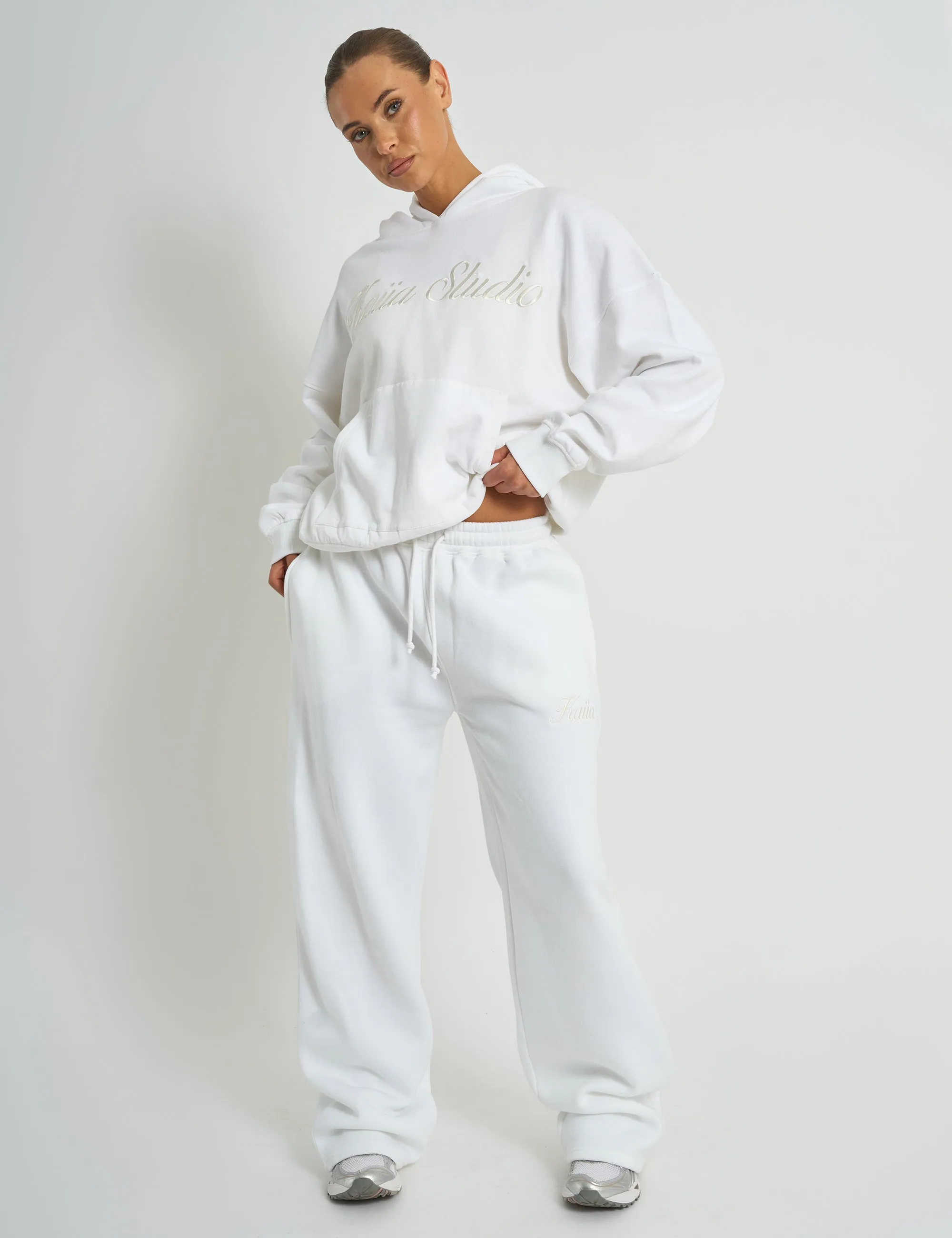 Kaiia Script Logo Wide Leg Joggers White sold by Public Desire