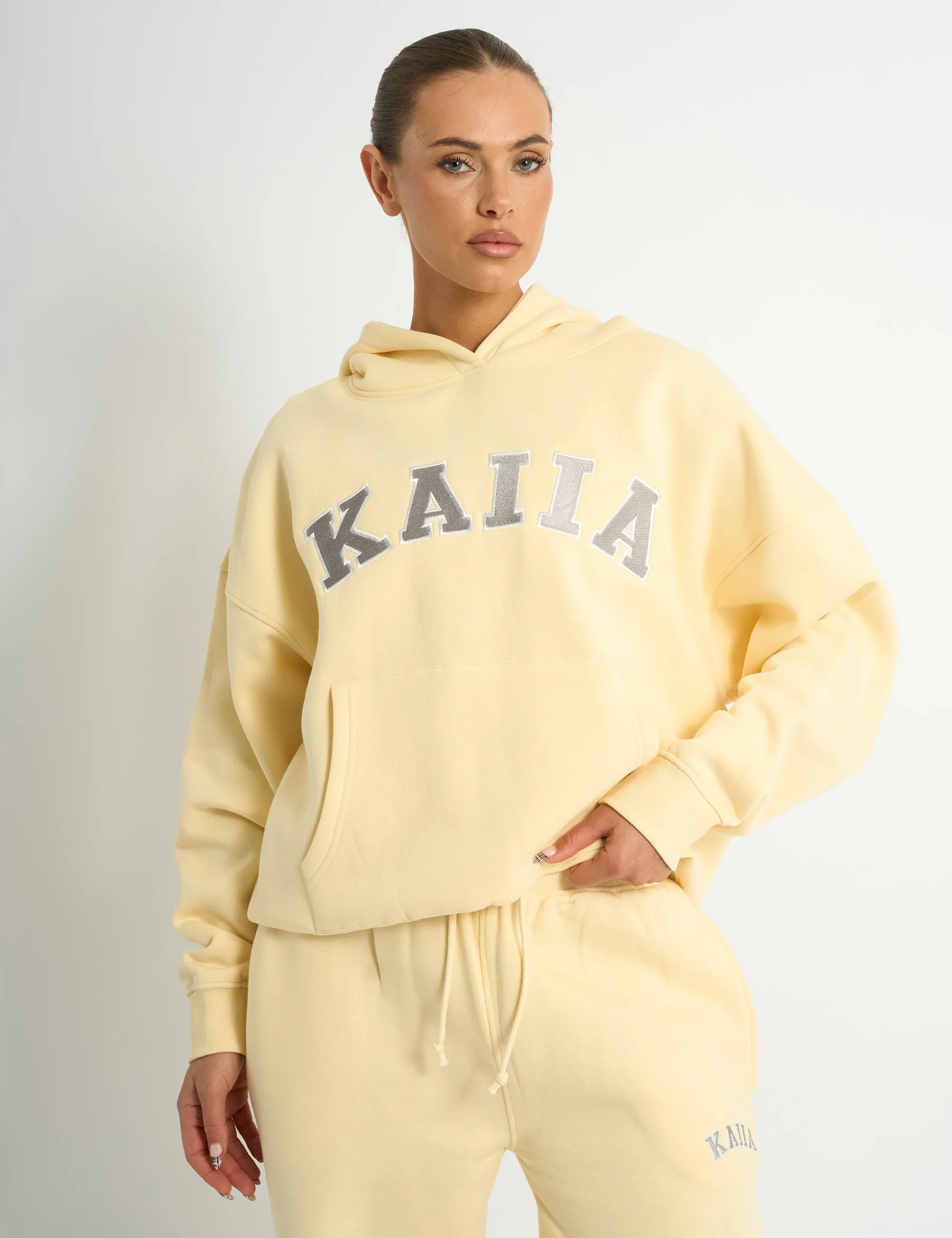 Kaiia Slogan Oversized Hoodie Soft Yellow & Grey sold by Public Desire