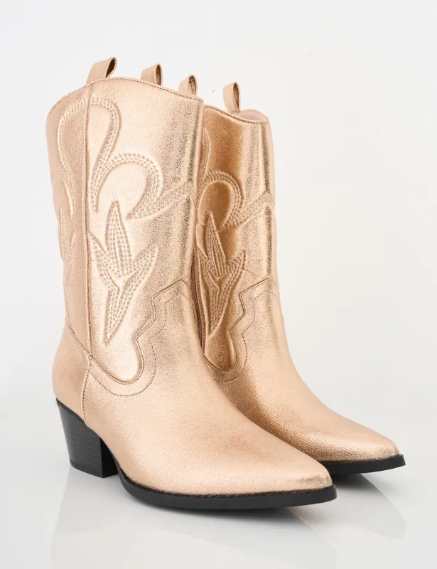 Calabasas Rose Gold Western Embroidered Knee High Pointed Toe Cowboy Boots sold by Public Desire