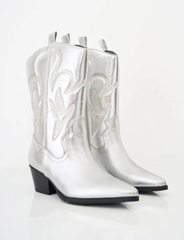 Calabasas Silver Western Embroidered Knee High Pointed Toe Cowboy Boots sold by Public Desire