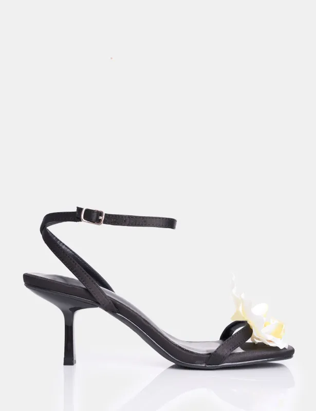Nara Black Satin White Orchid Flower Square Toe Stiletto Mid Heels made by Public Desire