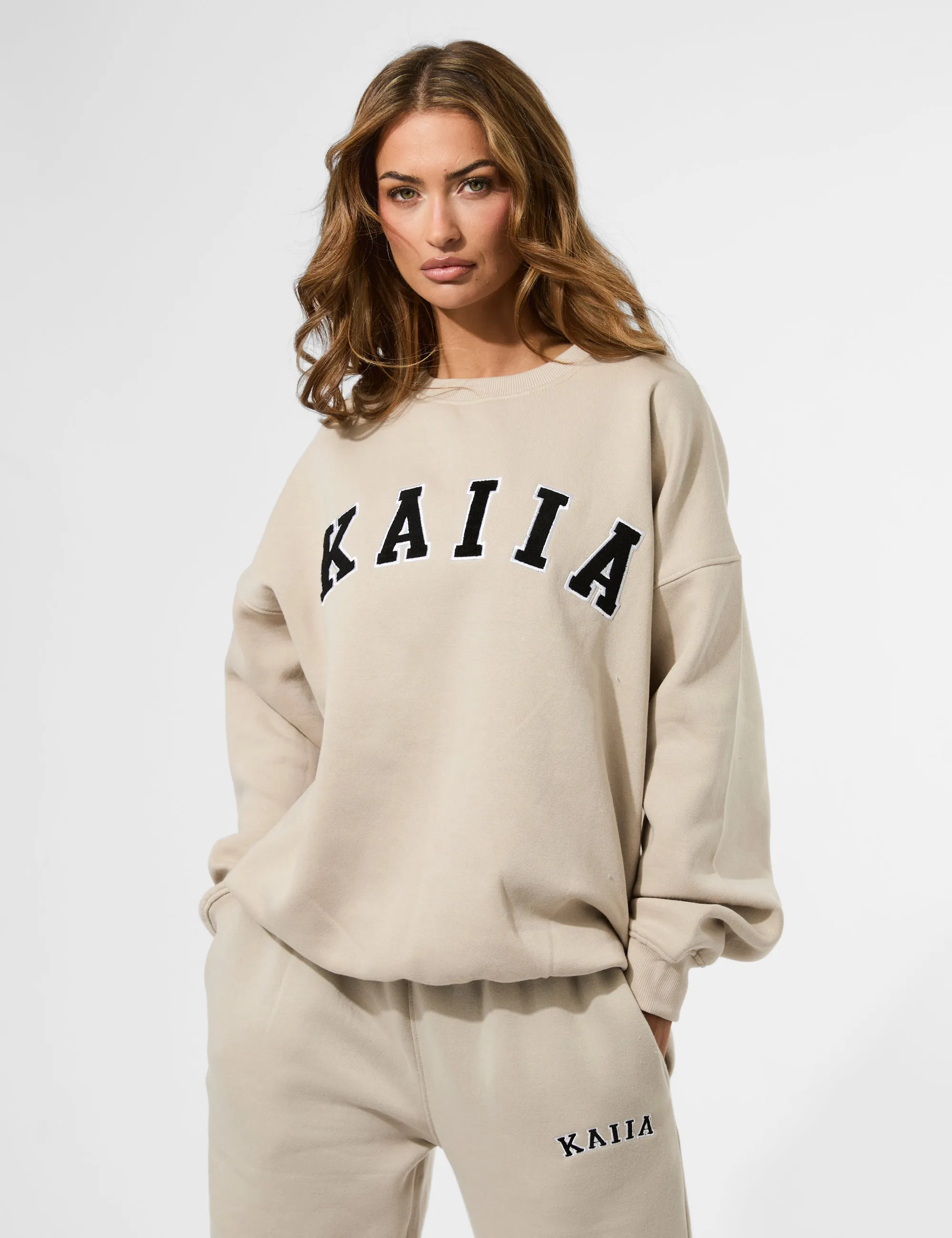 Kaiia Slogan Oversized Sweatshirt Almond sold by Public Desire
