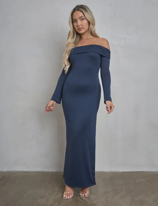 Long Sleeve Off The Shoulder Bardot Maxi Dress Navy sold by Public Desire