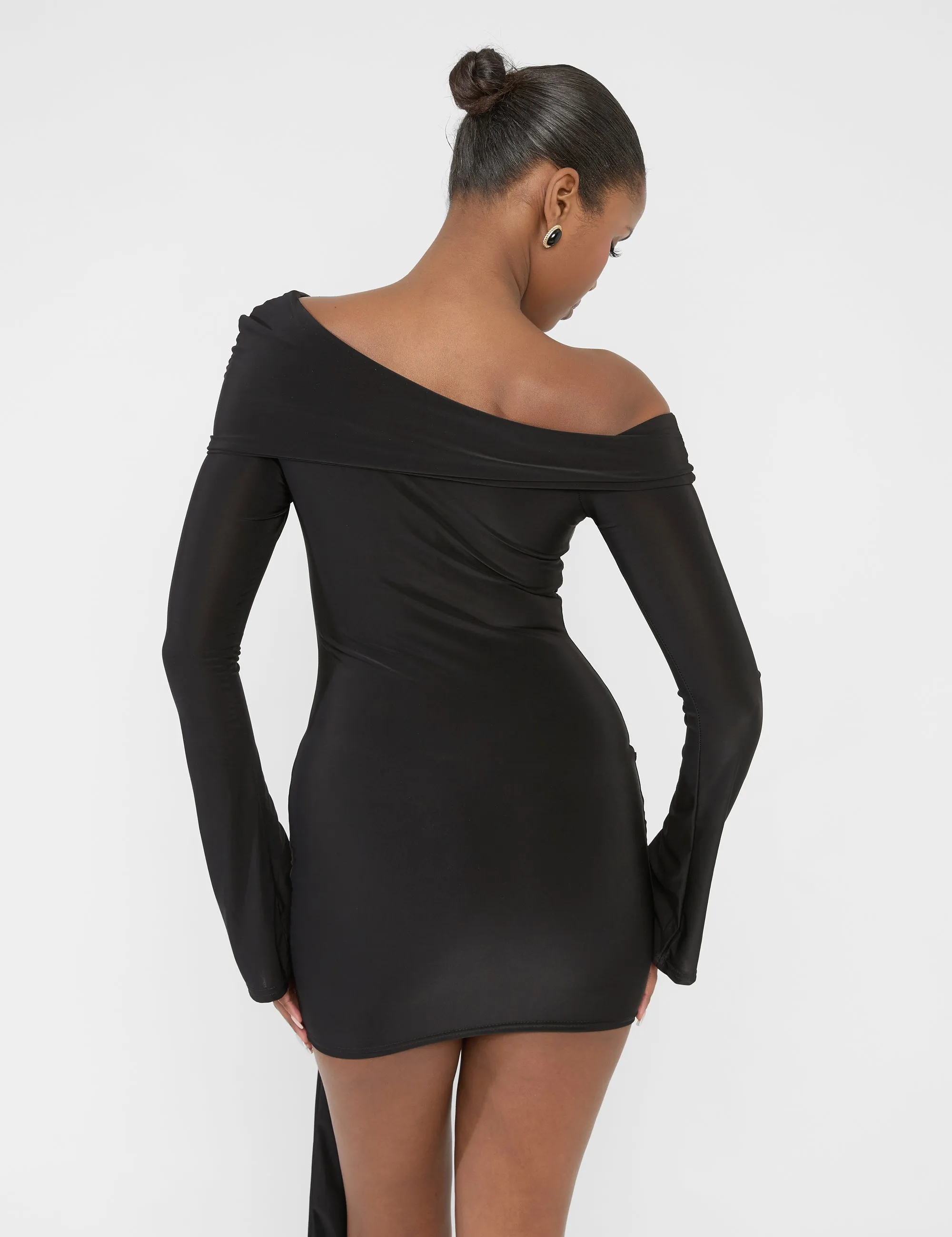 Knot Drape Detail Slinky Long Sleeve Mini Dress Black sold by Public Desire product image thumbnail 3