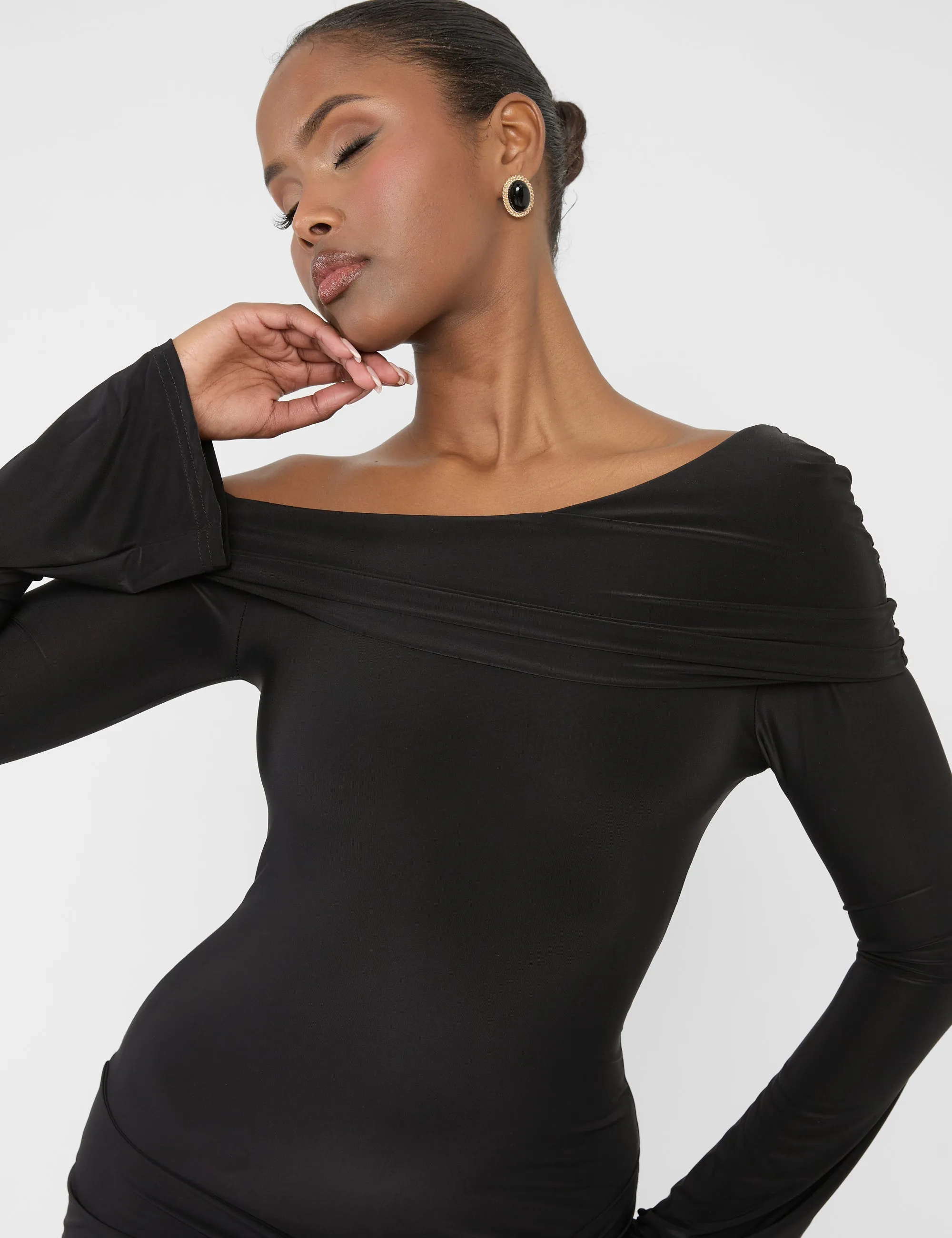 Knot Drape Detail Slinky Long Sleeve Mini Dress Black sold by Public Desire product image thumbnail 5
