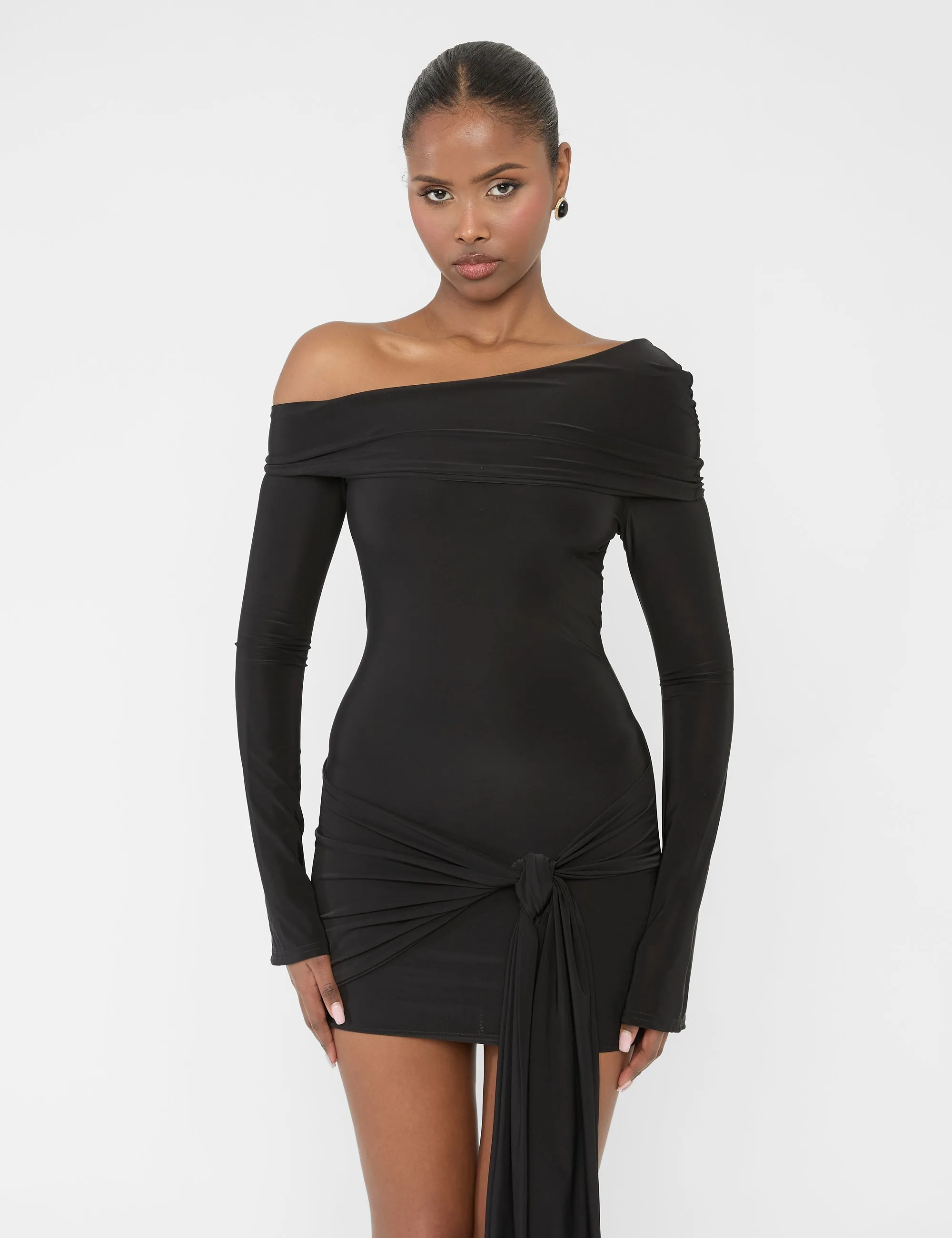 Knot Drape Detail Slinky Long Sleeve Mini Dress Black sold by Public Desire product image thumbnail 2