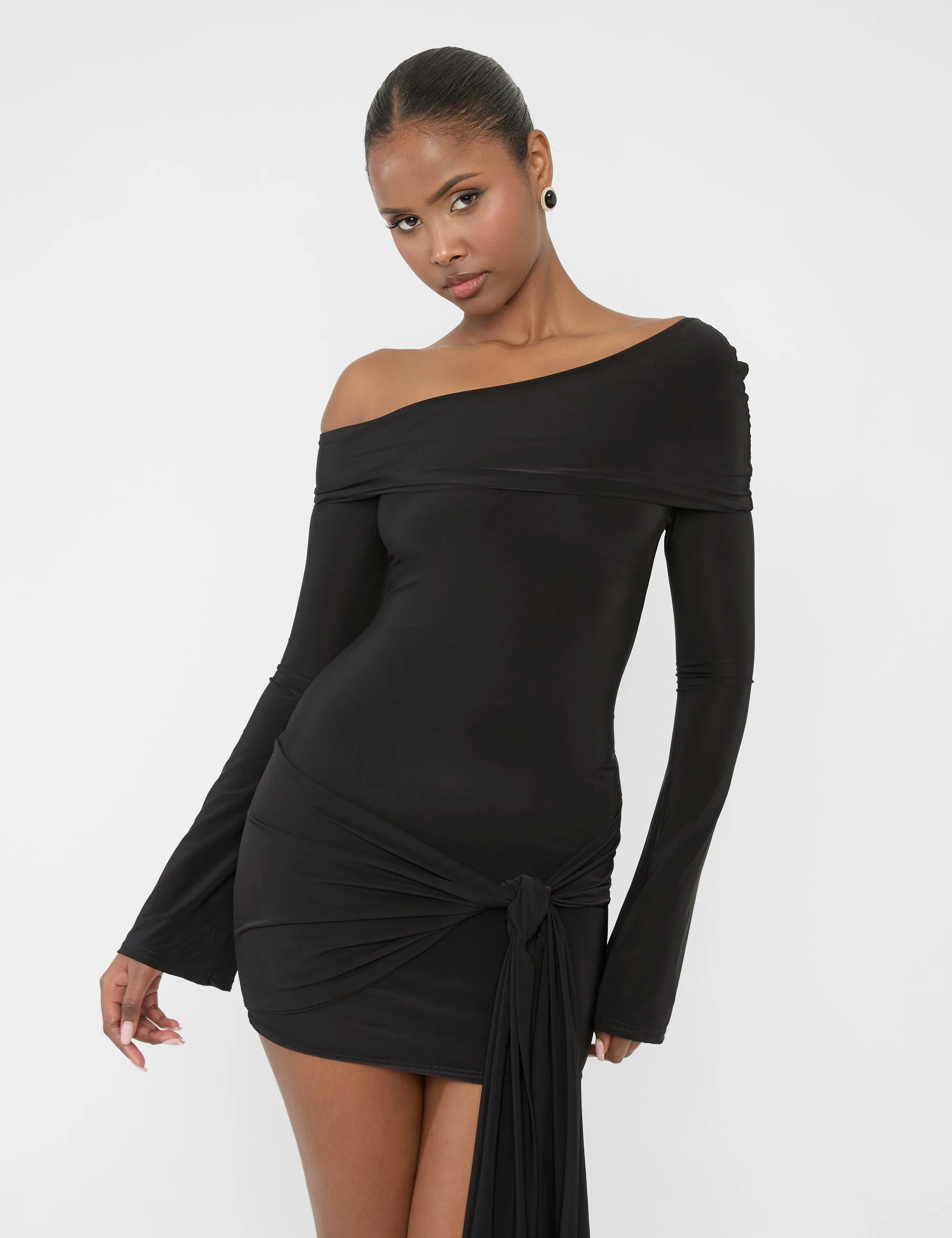 Knot Drape Detail Slinky Long Sleeve Mini Dress Black sold by Public Desire product image thumbnail 4