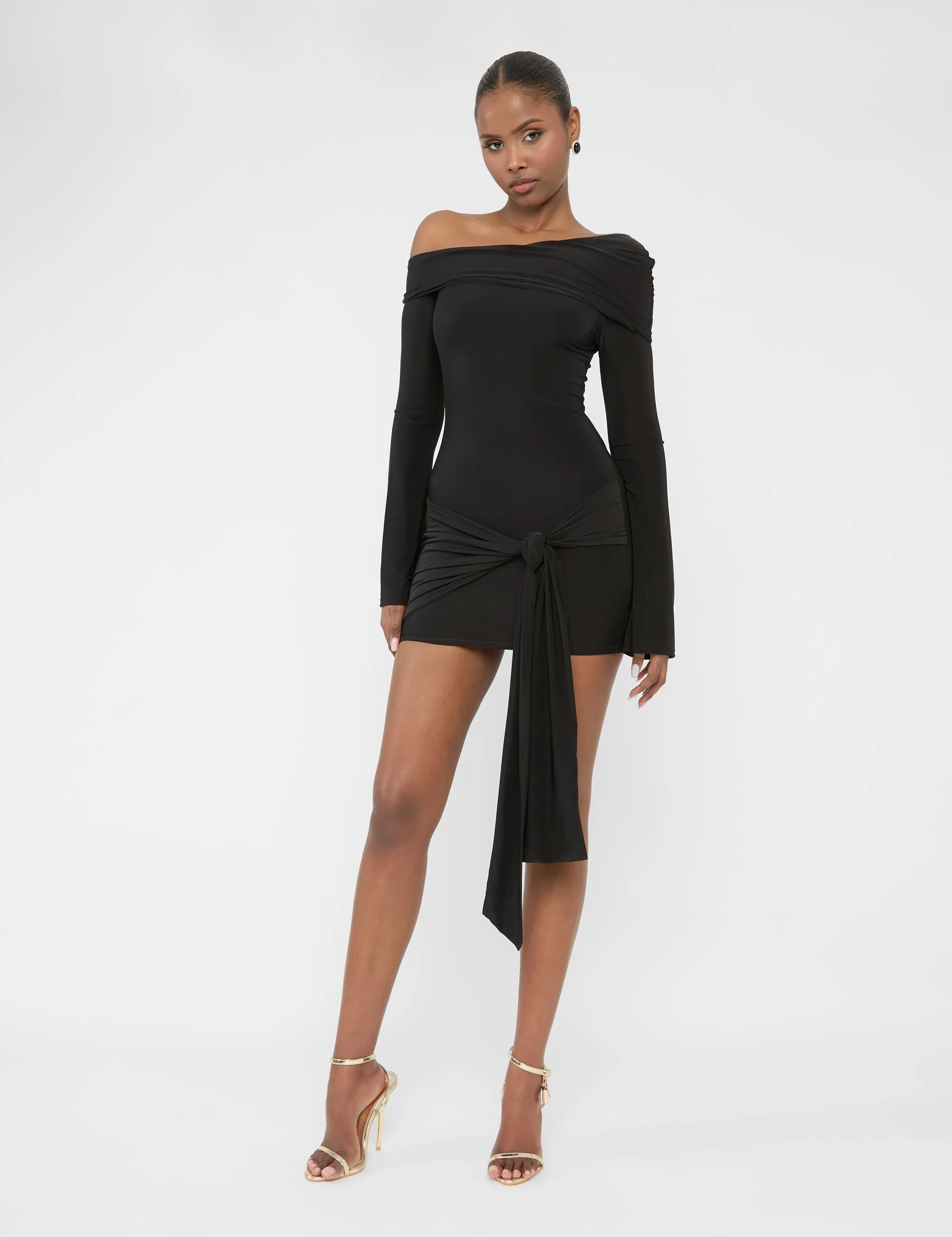 Knot Drape Detail Slinky Long Sleeve Mini Dress Black sold by Public Desire