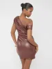 Faux Leather Ruched Detail One Shoulder Mini Dress Brown sold by Public Desire
