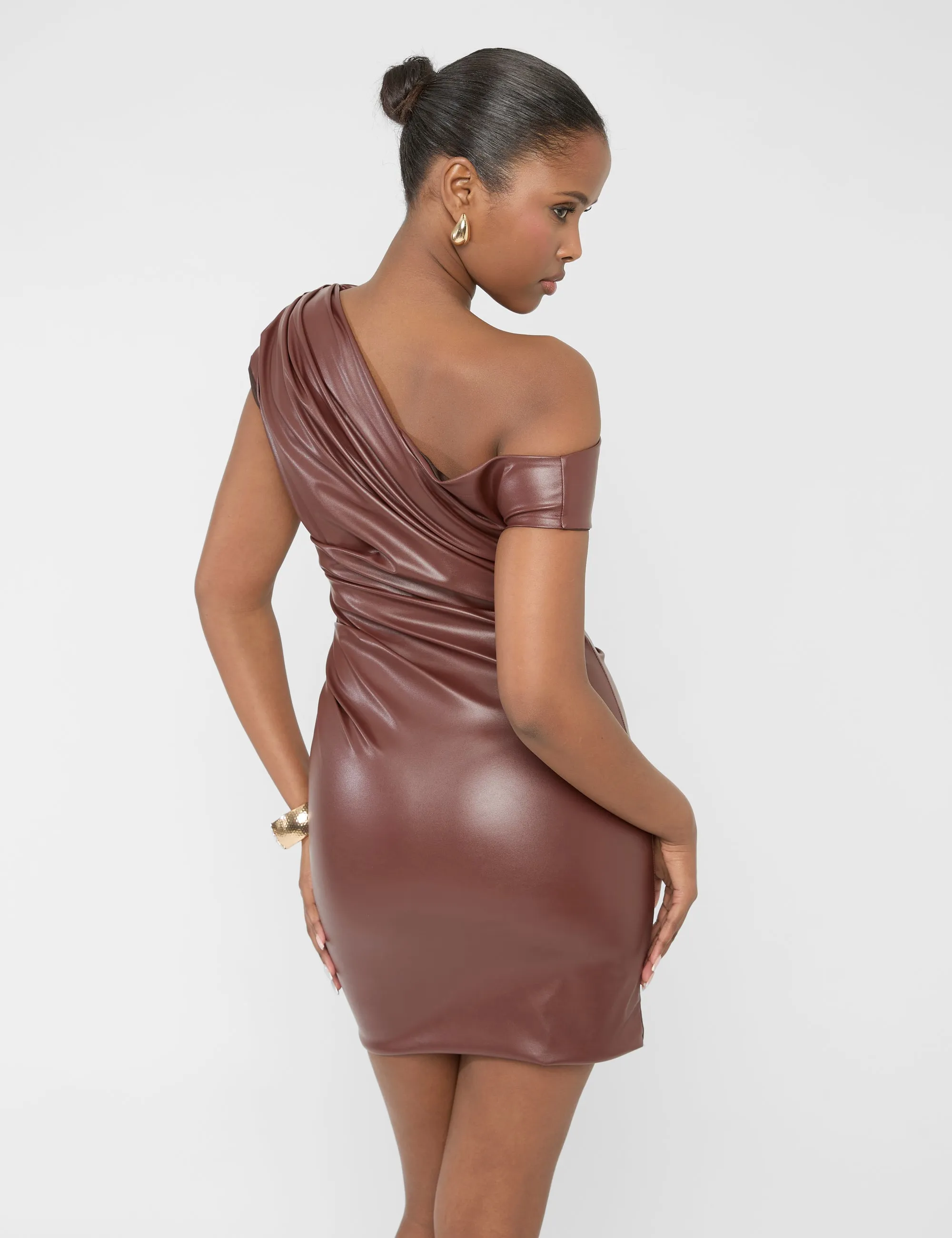 Faux Leather Ruched Detail One Shoulder Mini Dress Brown sold by Public Desire product image thumbnail 3